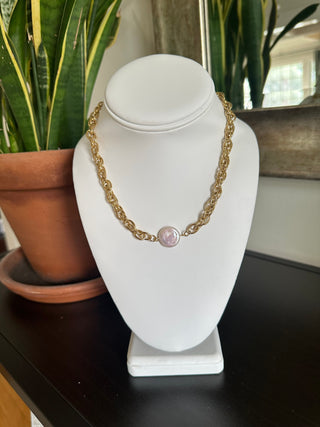 Freshwater Pearl Charm Necklace Curb 18K Gold Plated Necklace