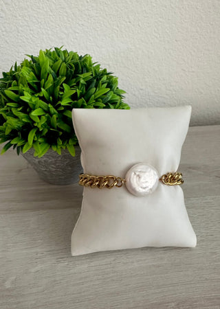 Freshwater Pearl Charm Curb 18K Gold Plated Bracelet
