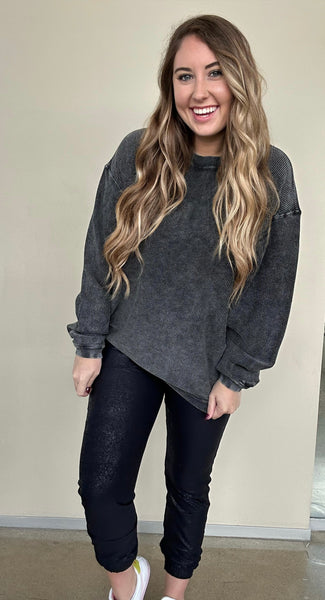 January Essential Luxe Corded Crew Sweatshirt - WASHED BLACK