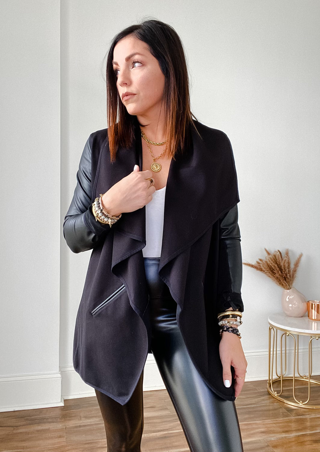 VEGAN LEATHER AND PONTE DRAPE FRONT JACKET – Frock